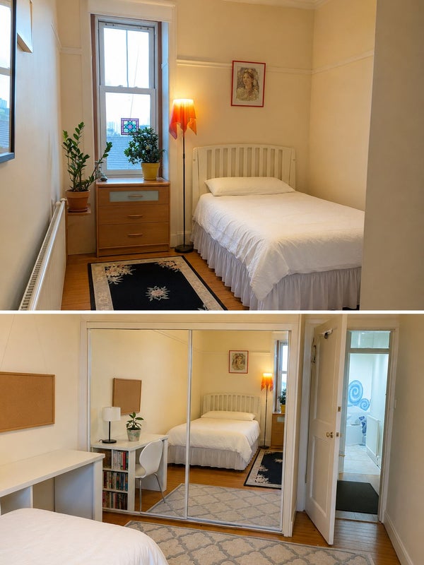 Photo 1: excuse the ghost chair-I altered the image to protect my flatmate's privacy. It is a double bed.