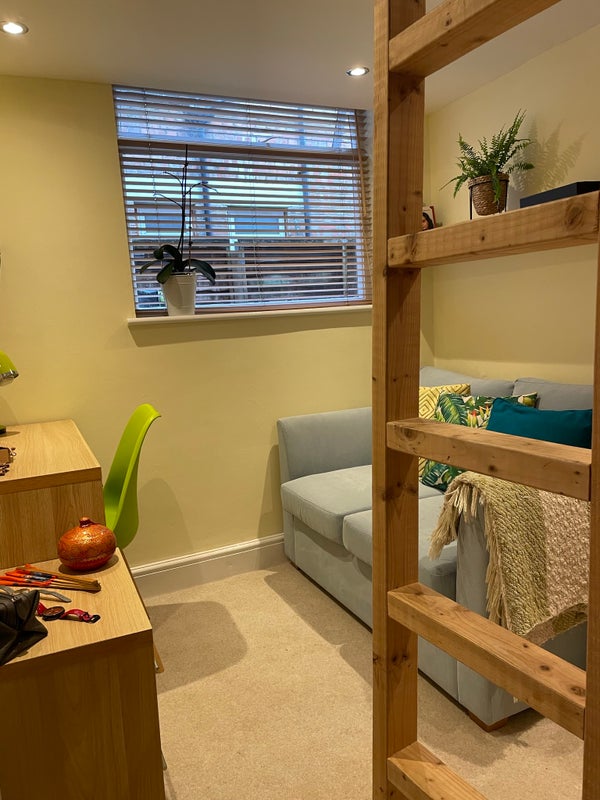 Photo 1: view of room from door showing ladder to mezz bed