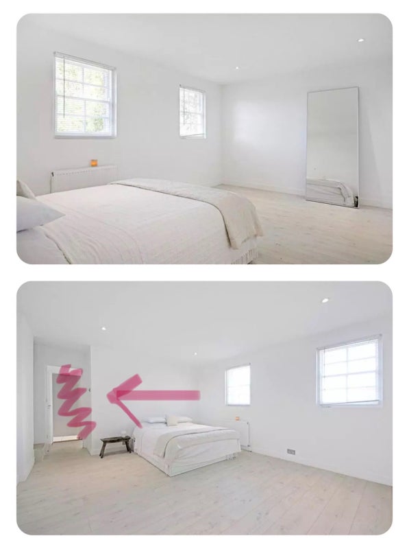 Photo 1: Arrow pointing to hall with extra room and bathroom, scribble is where there is a wall/ partition no