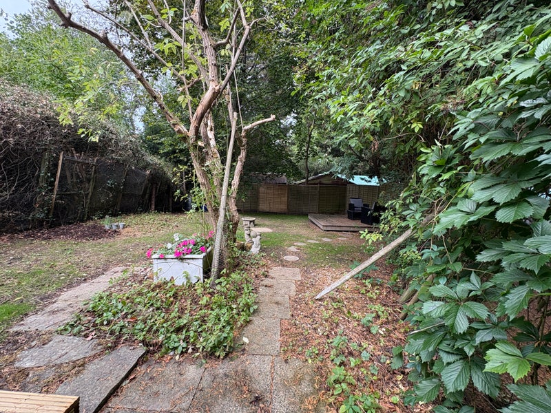 Photo 1: Garden with lawn, mature trees, decking & sofa set