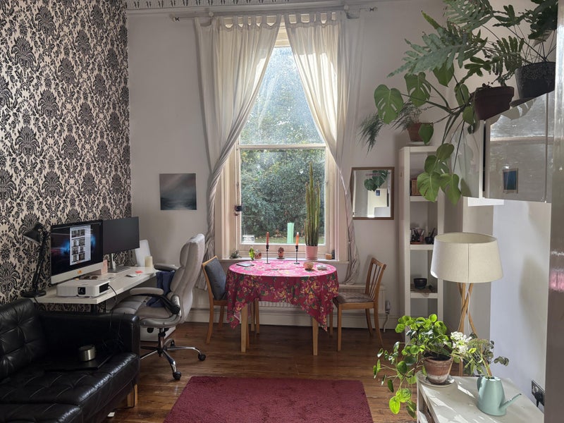 Photo 1: living room - high ceiling, garden views