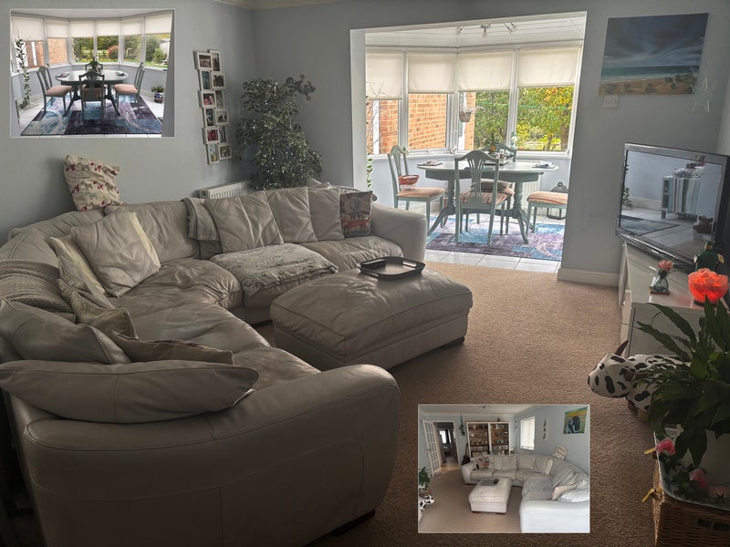 Photo 1: Lounge with inset view of conservatory and view from  conservatory to lounge
