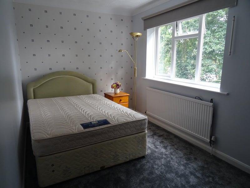 Photo 1: Looking towards the double bed with the tree view from the window