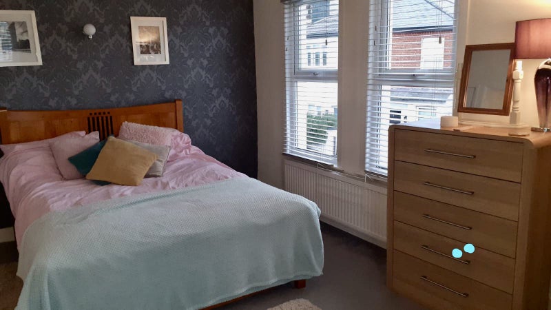 Photo 1: Double bedroom with three large windows and black out blinds