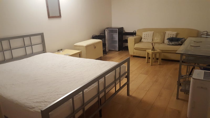 Photo 1: Large basement room with fridge