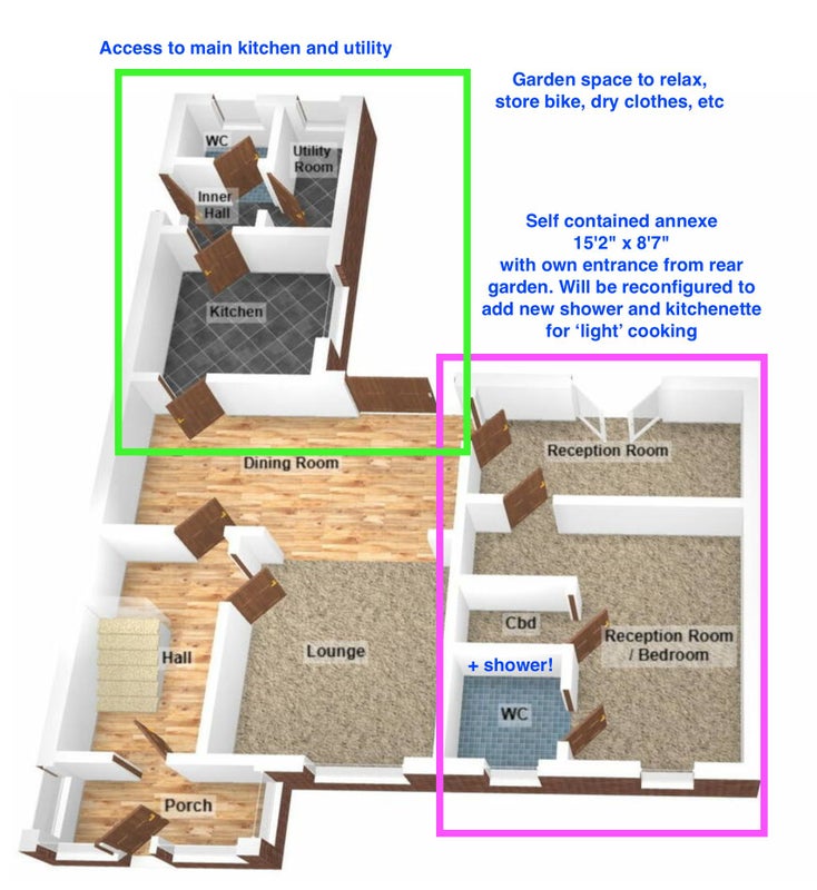 Photo 1: Ground floor plan with the annexe on the right and shared kitchen/utility and garden to the rear