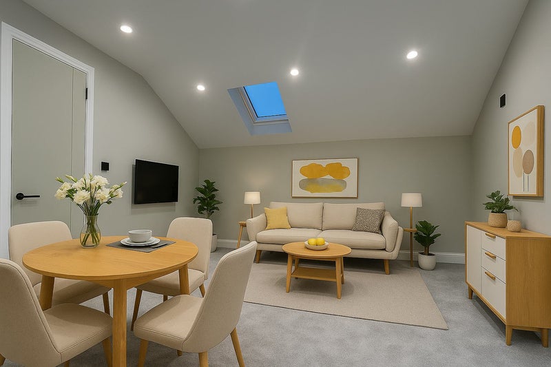Photo 1: LET UNFURNISHED but impression of how open plan lounge with furniture could look