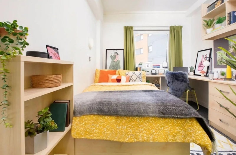Photo 1: Small Double with under-bed storage, a large desk with plenty of outlets, a pinboard, shelves and a