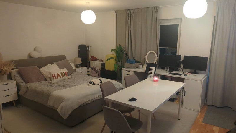 Photo 1: Sleeping area, dining table and work desk