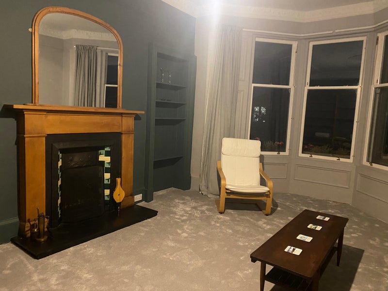 Photo 1: living room with real fireplace 