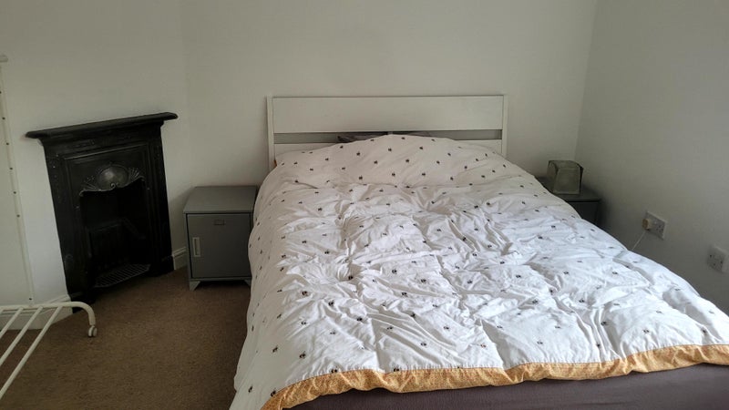 Photo 1: Double bed with bedside tables, clothes railand feature fireplace