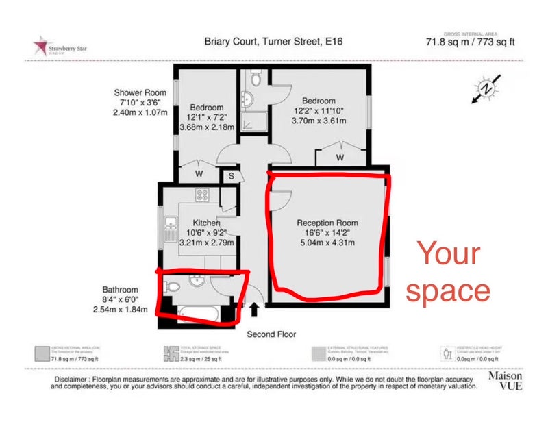 Photo 1: Your space is highlighted in red, kitchen will be shared