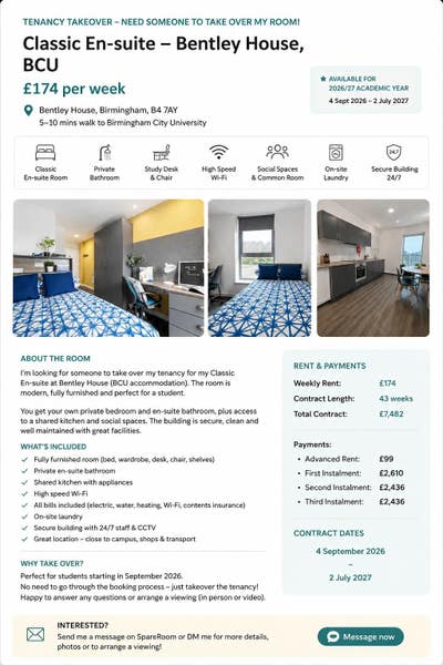 BCU Bentley House Classic En-Suite – &pound;174pw | Tena Main Photo