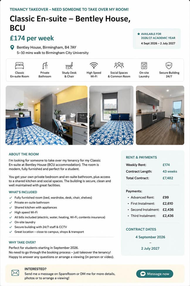 BCU Bentley House Classic En-Suite – &pound;174pw | Tena Main Photo