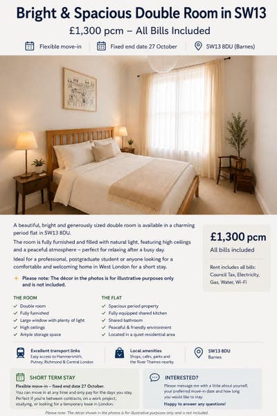 Spacious Double Room in SW13 – Short Stay Main Photo