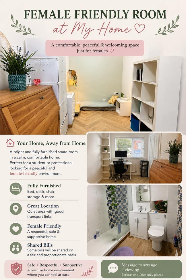 Female friendly room at a peaceful home Main Photo
