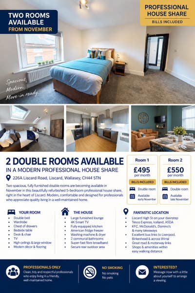 2 Furnished Double Rooms, Bills Included - Liscard Main Photo