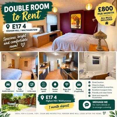🏡 Spacious Furnished Double Room – E17 4 Main Photo