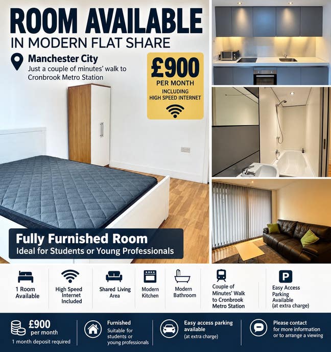 Furnished Room to Rent – Manchester City | &pound;900 pc Main Photo