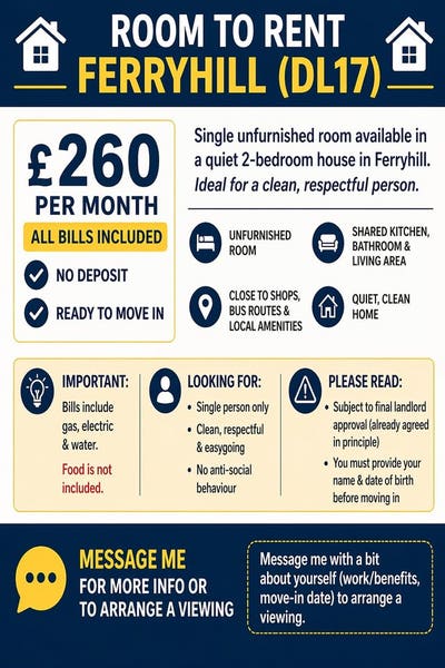 🏡 &pound;260 Most Bills – Room to Rent – Ferryhill  Main Photo